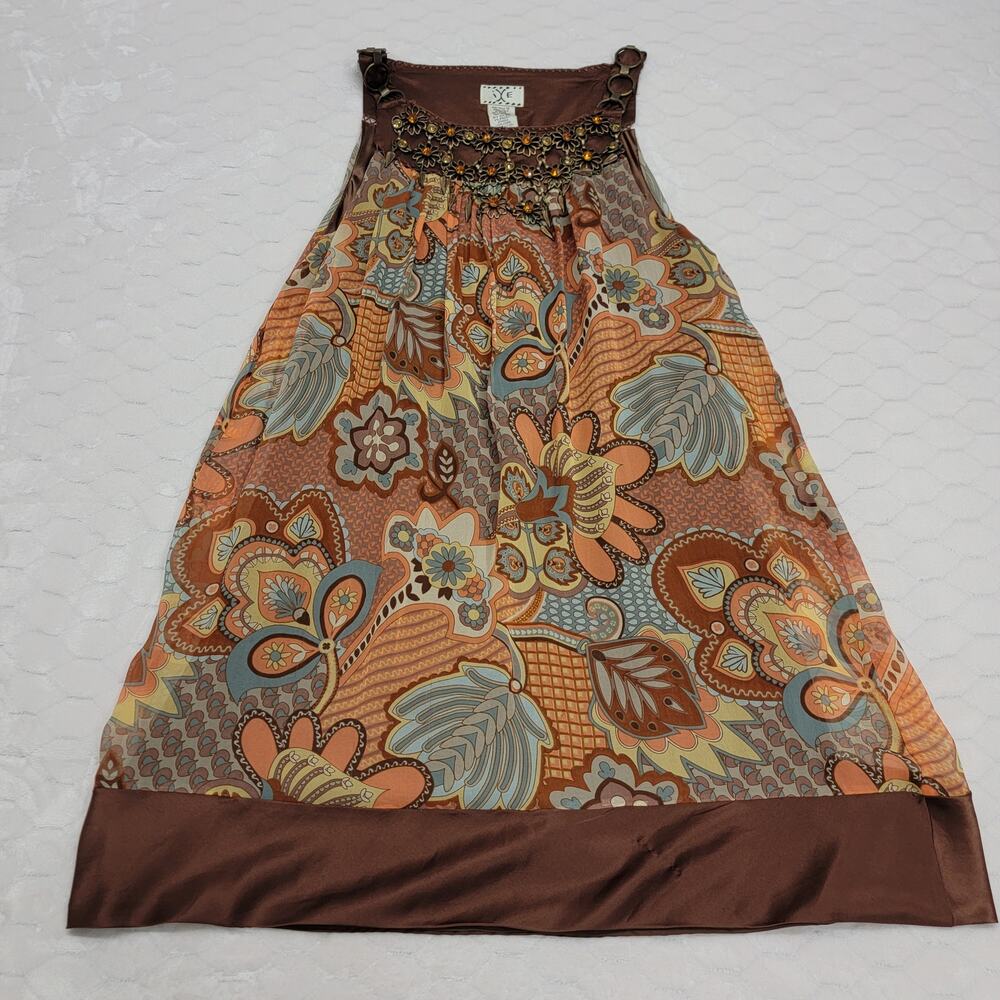 Vintage Y2K IXE Silk Paisley Tunic Top Jeweled Neckline Boho Amber Beaded 12